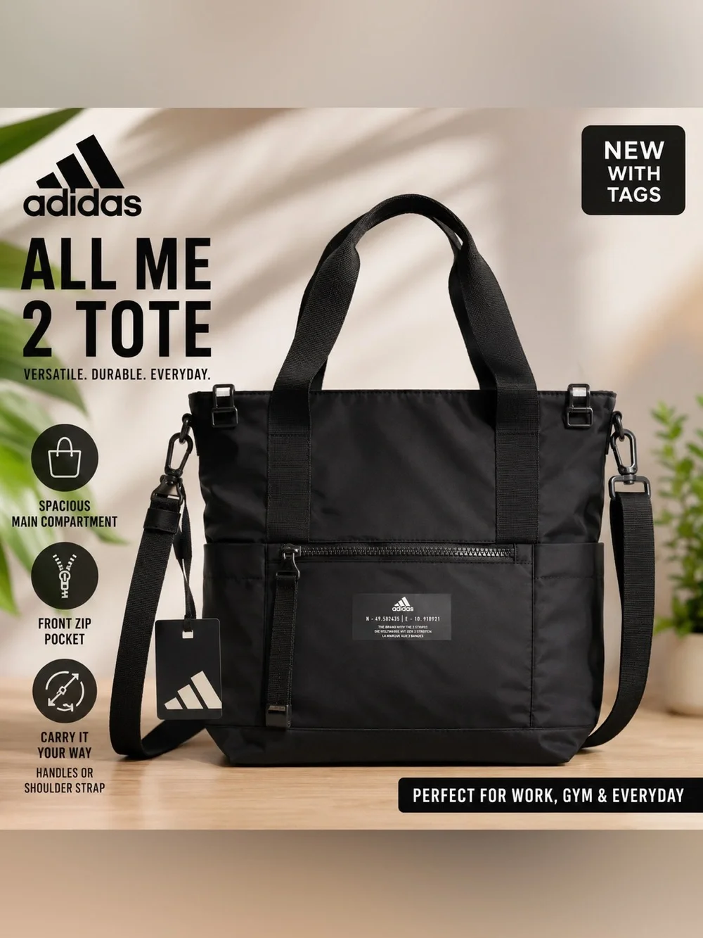 NWT adidas All Me 2 Tote Bag Black Gym Work Travel Laptop Shoulder Bag